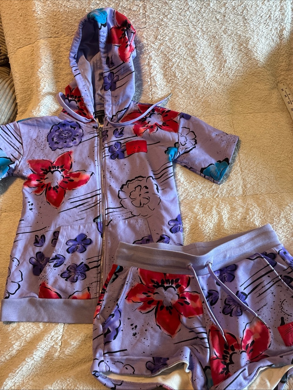 Armani Exchange AX Floral Print Hoodie Shorts Set Lavender Purple Women's Size S